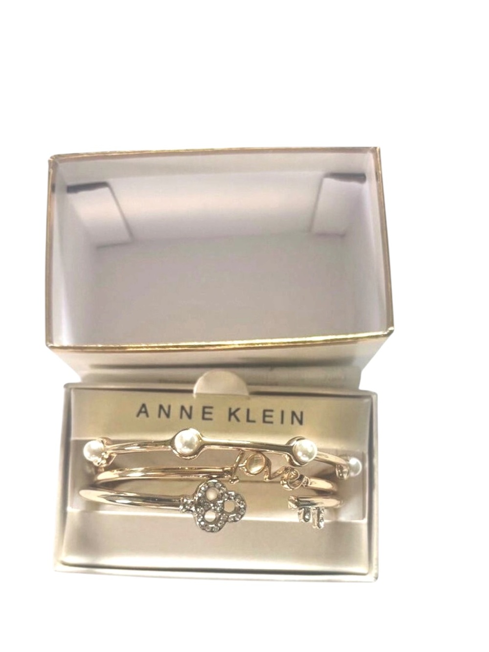 NWT 3Pc Anne Klein Pearl Crystal Love Bangle Bracelet Set Women Gold Tone 2.5in